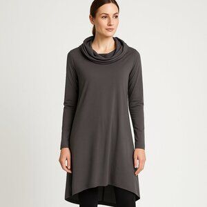 Sarah Pacini Gray Long Sleeve Hooded Minimalist Lagenlook Tunic Dress